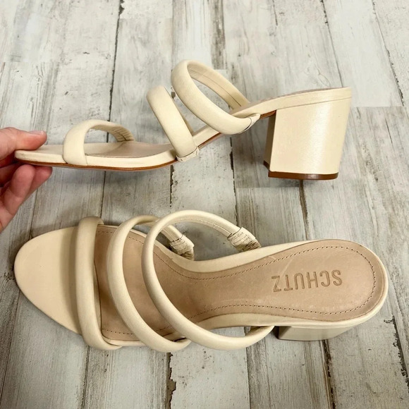 SCHUTZ Olly Mid Block Heel Sandal Nappa Leather 3 Strap In Eggshell Size 10 - Picture 9 of 11